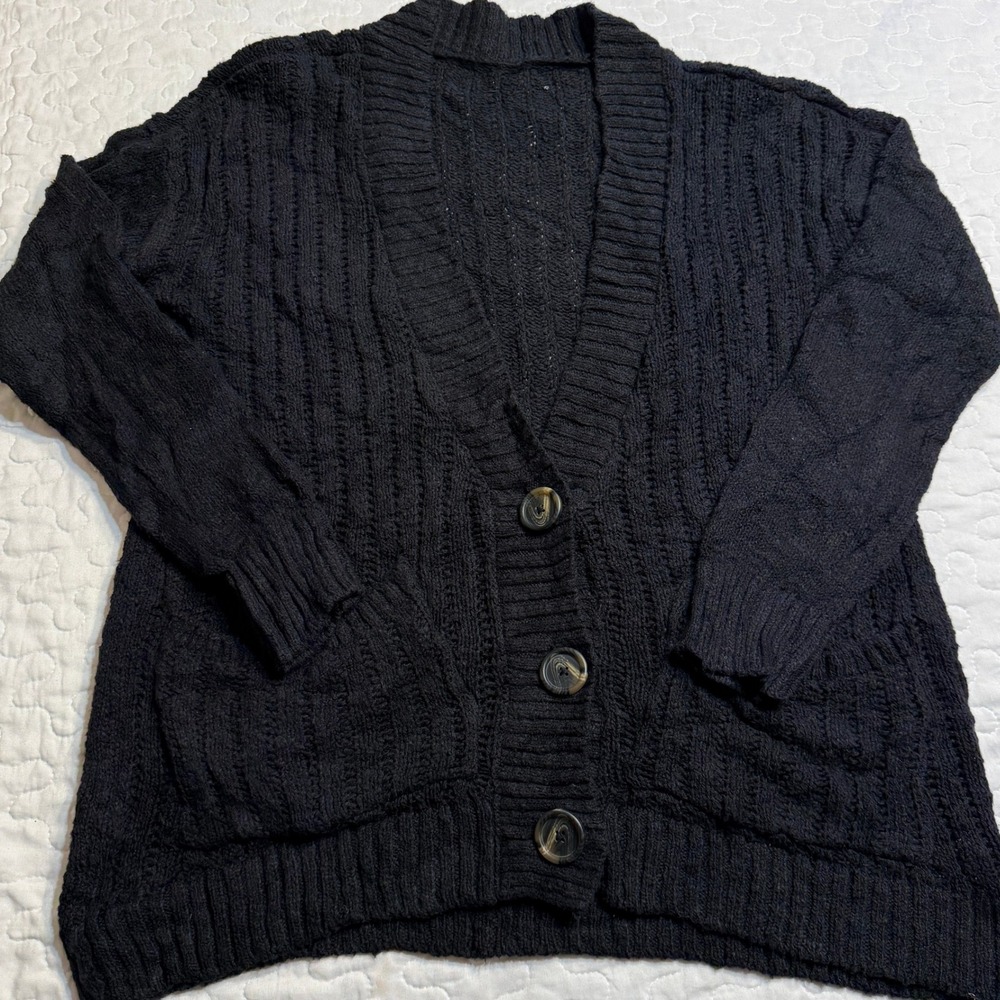 Women L Cardigan Black Cable Knit V-Neck Button Front Pockets GRANOLA GOTH BASIC - Picture 2 of 9